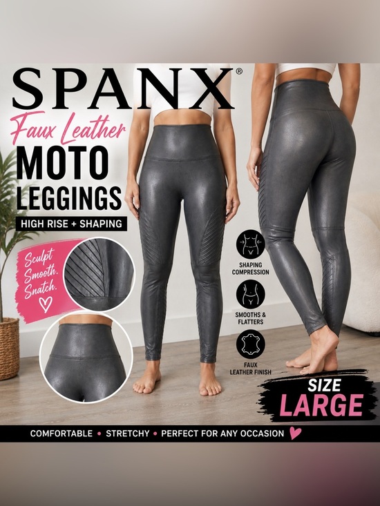 SPANX Pants - SPANX Faux Leather Moto Leggings Charcole Gray High Rise Shaping Size Large